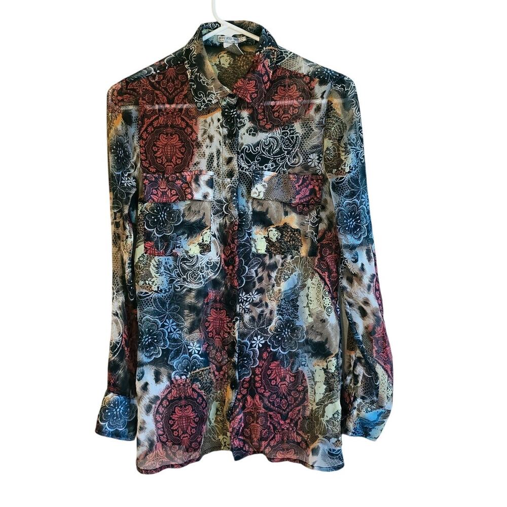 Alberto Makali floral semi sheer button up shirt size small